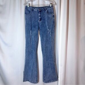 Hayden Los Angeles Womens Sz L Flare Distressed Jeans Blue Bell Bottom Hippie